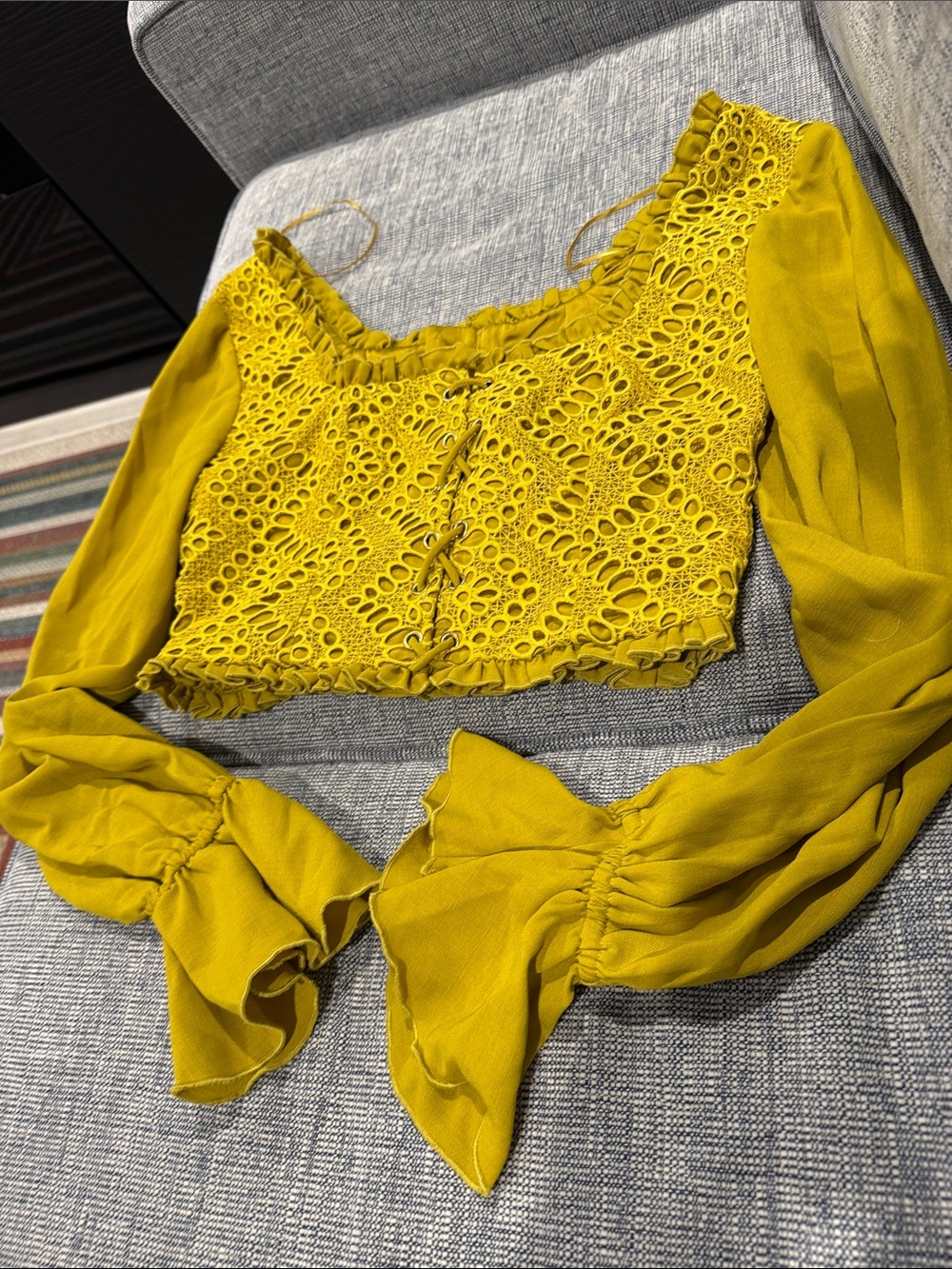 Finders Mustard Crochet Lace Long Sleeve Crop Top